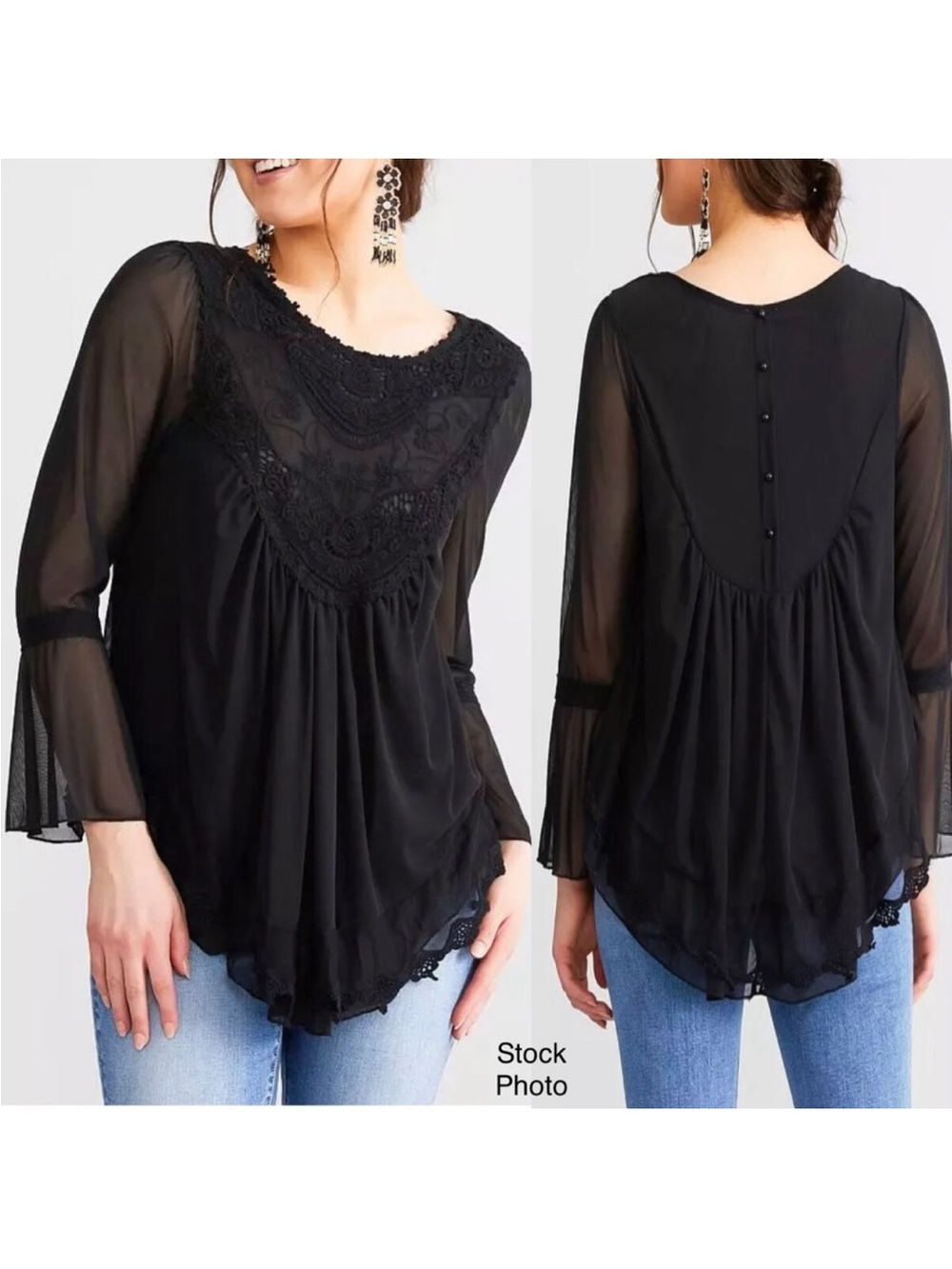 Papillon Semi-Sheer Flowing Crocheted Mesh Pullover Top Black (M)